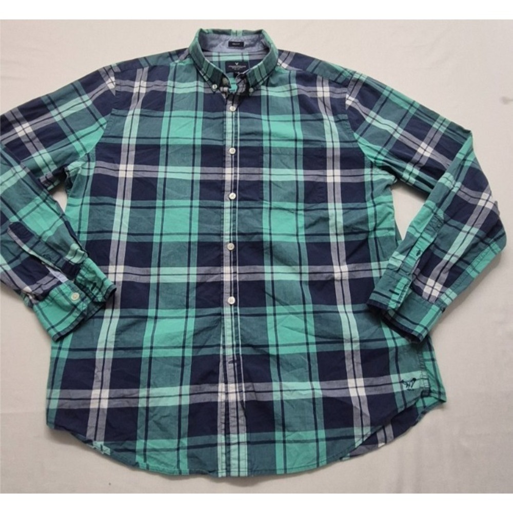 American Eagle Prep Fit mens Turquoise/blue plaid LS Button Down shirt LG Cotton